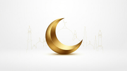 Obraz premium golden crescent moon illustration with mosque domes, minarets, and minimalist Islamic cultural background 