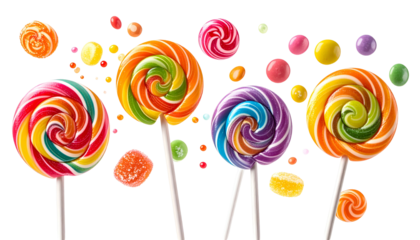 Vibrant close-up of colorful swirled lollipops and candies, floating on black