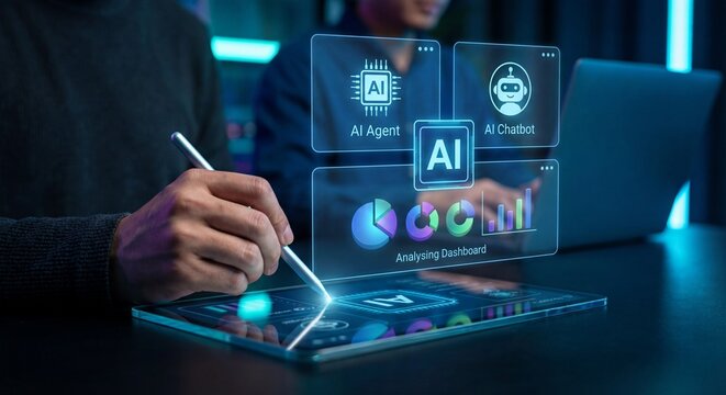 Person using stylus on tablet with futuristic ai interface and data analysis graphics floating above screen in dark room with neon blue lights - Powered by Adobe