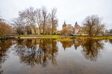 Fototapeta premium Vajdahunyad Castle with waterfront in Budapest at christmas time. Amazing Reflection.