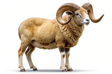 Large brown ram with curved horns standing in profile isolated on white