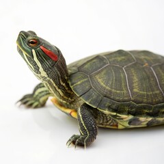 Red-eared slider turtle crawling slowly on a solid white background