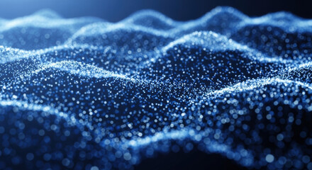 Abstract digital wave with blue sparkling particles set against a dark backdrop, creating a futuristic and dynamic visual for technology or science concepts.