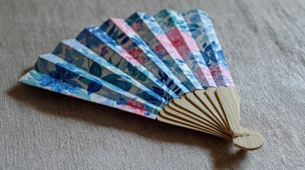 A colorful, folded hand fan, with floral patterns, resting open on a textured, neutral surface