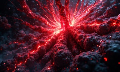 Vibrant red energy pulses and radiates from a central core, spreading through dark, textured tendrils in a dynamic, otherworldly display.