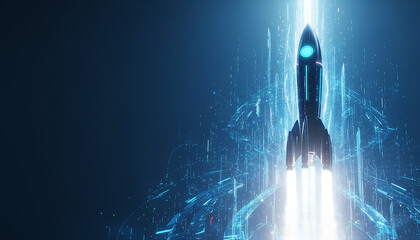 A digital rocket taking off vertically with light trails, perfect for new product launches and technology advancement concepts