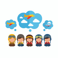 Cute kids dreaming of flying airplanes wearing pilot costumes flat vector illustration
