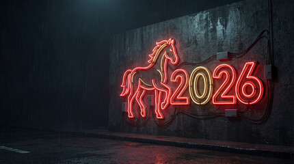 Neon sign, Year of the Horse 2026, glows on urban wall. Modern design, traditional Chinese zodiac, perfect for New Year promotions.
