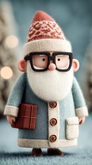 Cute Stylized Winter Character with White Beard and Glasses Wearing Blue Coat and Red Patterned Hat