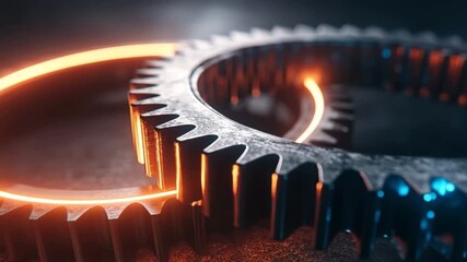 The illuminated gears are connected together and rotating. The dynamic composition creates a cinematic atmosphere.