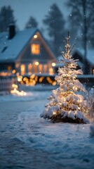 Fototapeta premium Magnificent outdoor Christmas tree covered in warm glowing fairy lights and heavy snow resting on branches with a cozy house in background.