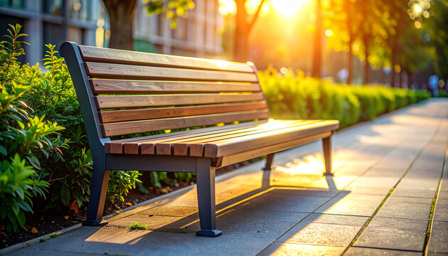 Sunlit Bench: An inviting wooden bench, bathed in golden sunlight, offers a tranquil spot for contemplation along a paved path, surrounded by lush greenery and the gentle embrace of nature.