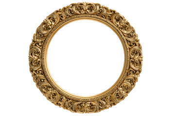 A luxurious gold picture frame with intricate designs on a transparent background