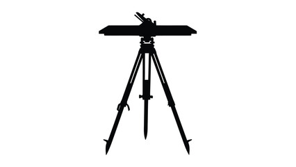 Black silhouette of a tripod with a flat rectangular object on top isolated on white background