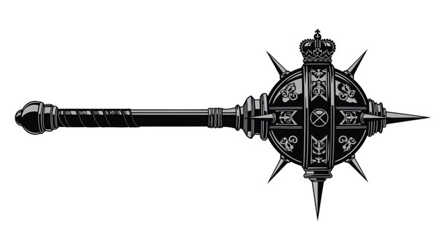 Ornate spiked mace with crown and coat of arms flat design isolated on white background
