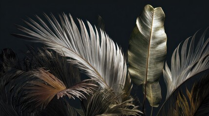 Lush, dark, tropical foliage with large feathery and broad leaves in earth tones
