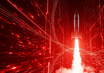 A vertical rocket launch in a red digital matrix environment, symbolizing breakthrough innovation and tech startup goals