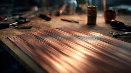 Obraz premium Copper sheet lies on a workbench amidst various hand tools in a workshop environment