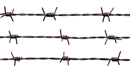 Three rows of rusted barbed wire against a stark black background