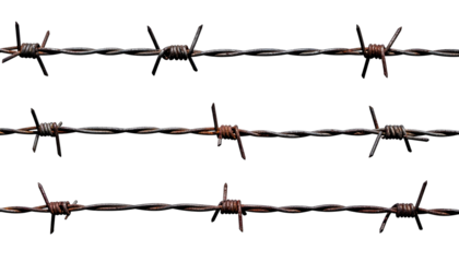 Three rows of rusted barbed wire against a stark black background
