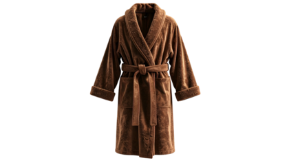 Luxurious brown terrycloth bathrobe, detailed, with belt and pockets, set against a black background