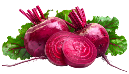 Vibrant close-up of fresh beetroot, with leafy greens and sliced pieces, isolated on black