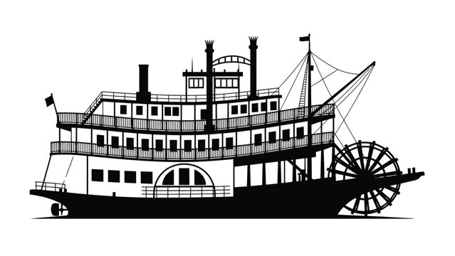 Black silhouette of a classic paddle wheel steamboat riverboat , flat illustration isolated on white background