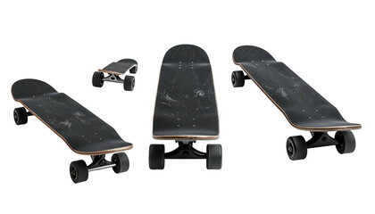 Four views of a black skateboard with dark wheels and grey trucks