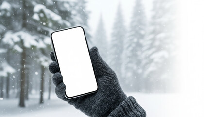 Mockup image of a hand holding a smartphone with a white screen in the winter forest