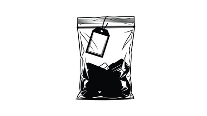 Obraz premium Illustration of a sealed transparent plastic zip lock bag, with a blank tag and dark contents, . isolated on white background