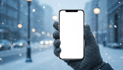 Mockup image of a hand holding a smartphone with a white screen in the winter forest