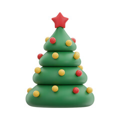 Green Christmas Tree with Red Star and Yellow Red Ornaments Isolated on White