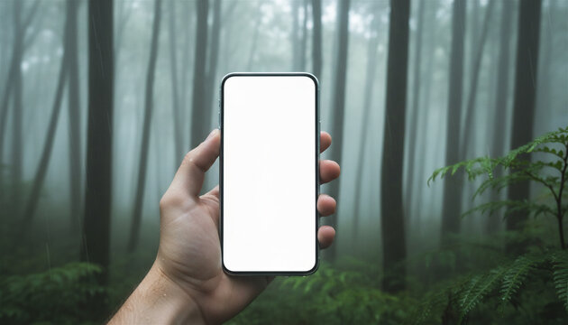 Mockup image of a hand holding mobile phone with white screen over forest background - Powered by Adobe
