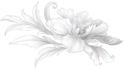 Fototapeta premium Delicate pencil sketch of a peony blossom and ornate leaves on a white background