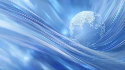 Globe floating amidst abstract blue waves, swirling background; global data visualization
