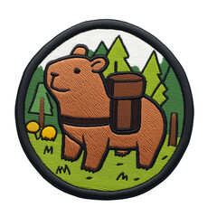 Wanderlust calls with this charming embroidered patch, depicting a happy bear adventurer carrying all he needs for a forest journey, evoking feelings of peaceful exploration. capybara