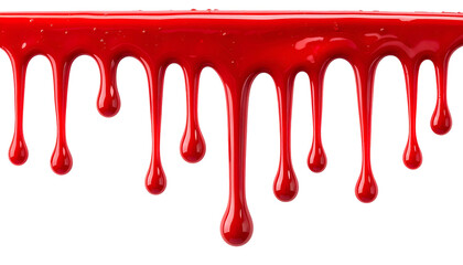 Bright red liquid dripping, creating a row of teardrop-shaped drips against black