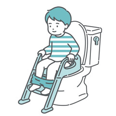 補助便座とステップを使ってトイレトレーニングをする男の子のイラスト（トイトレ・成功）