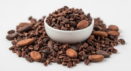 Fototapeta premium Delicious chocolate chunks and cocoa beans in white bowl on rustic background-organic product