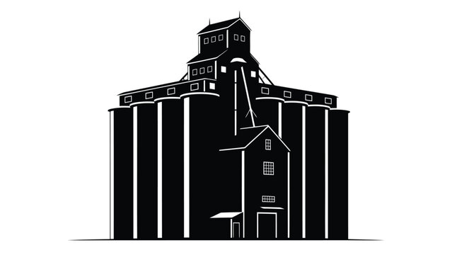 Black silhouette of a grain elevator with a house and tower on a isolated on white background