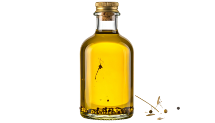 Small glass bottle with yellow liquid, cork stopper, and miniature figure fishing