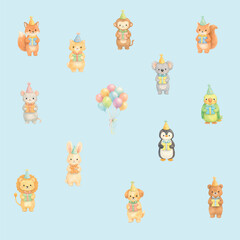 watercolor birthday animals set with party hats and gift boxes, including fox, cat, monkey, koala, bear, bunny, lion, dog, penguin, parrot and balloons, adorable characters for kids birthday party