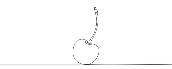 One cherry or sweet cherry berry on a long stem. Drawing in one line art style with editable black stroke on a white background. Vector illustration. © Viktoriia