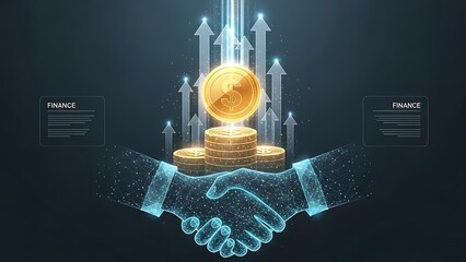 Golden coin and handshake in digital network