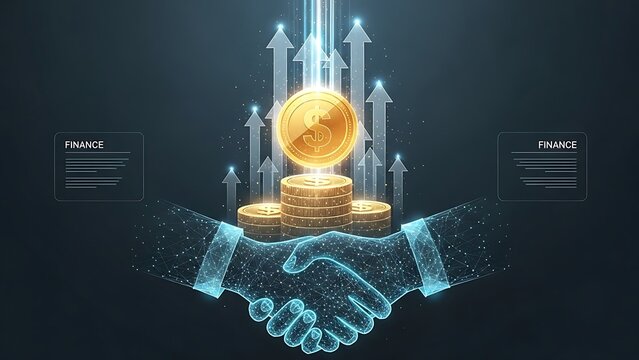 Golden coin and handshake in digital network - Powered by Adobe
