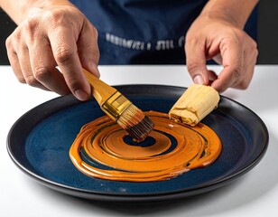Hands brush orange sauce beside food on a dark blue plate