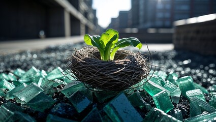 Hopeful Sprout: A green plant grows in a nest surrounded by shattered glass in the city