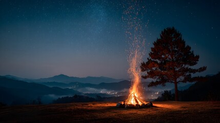 Fototapeta premium Roaring bonfire with sparks flying up into a dark starry night sky with the silhouette of a pine tree and distant mountains visible.