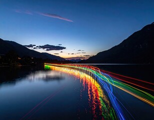 Vibrant light trails streak across still, dark lake at dusk