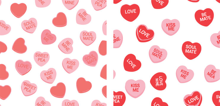 Sweet valentine conversation heart and candy hearts border pattern with romantic phrases